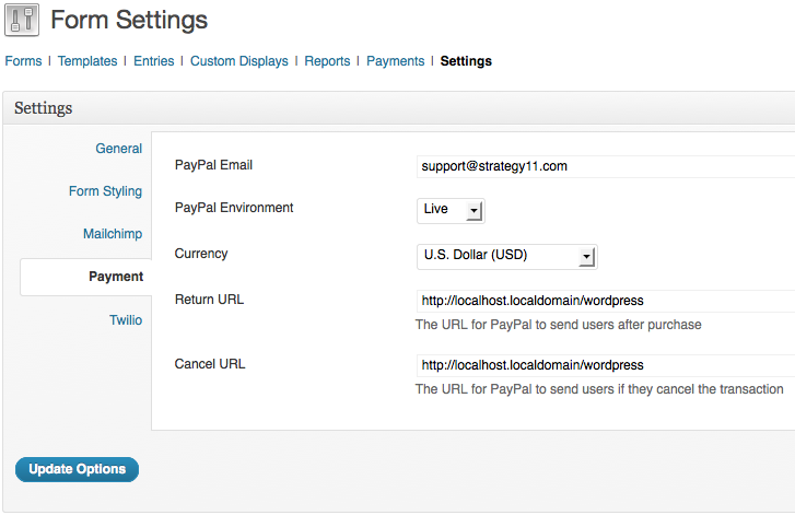 PayPal settings